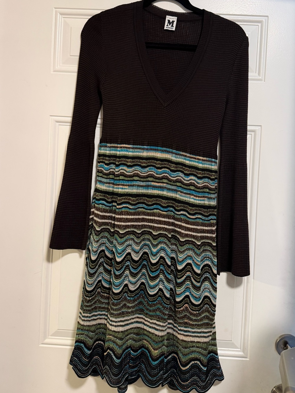 Missoni Metallic Brown & Teal Wavy Knit V-Neck Long Sleeve Dress